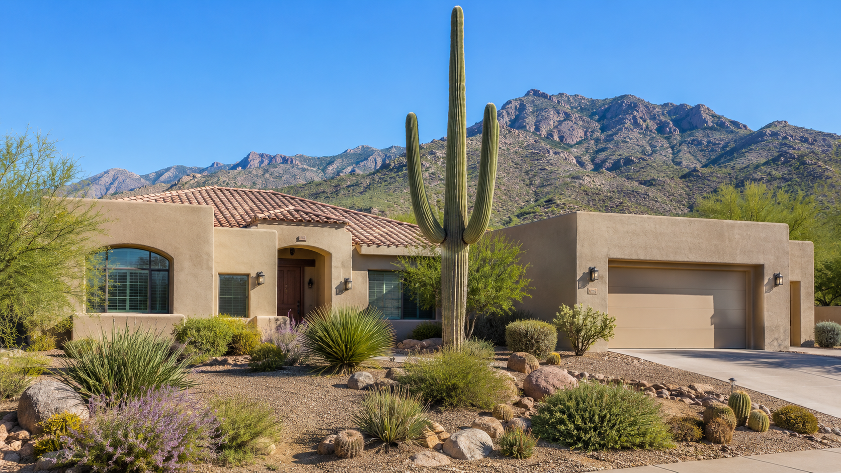Desert home with saguaro cactus and the Santa Catalina Mountains, representing Tucson and Pima County coverage